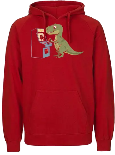 Arcade T-Rex Problem - T-Rex, arcade game, funny dinosaur, retro gaming, small arms, gaming humor, palaeontology joke, joystick, classic arcade, t-shirt design, art print, cool dinosaur, gamer gift, geek art, nostalgic - Fairtrade Hoodie