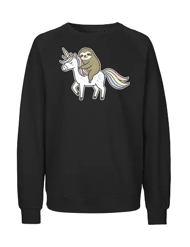 Speedy Sloth Ride - Sloth on unicorn, cute sloth, unicorn, rainbow, fantasy art, whimsical, sloth lover, cute animal, magical, kawaii, t-shirt design, art print, pastel colors, funny sloth, mythical creature - Fairtrade Sweatshirt