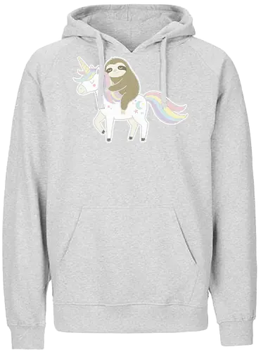 Speedy Sloth Ride - Sloth on unicorn, cute sloth, unicorn, rainbow, fantasy art, whimsical, sloth lover, cute animal, magical, kawaii, t-shirt design, art print, pastel colors, funny sloth, mythical creature - Fairtrade Hoodie