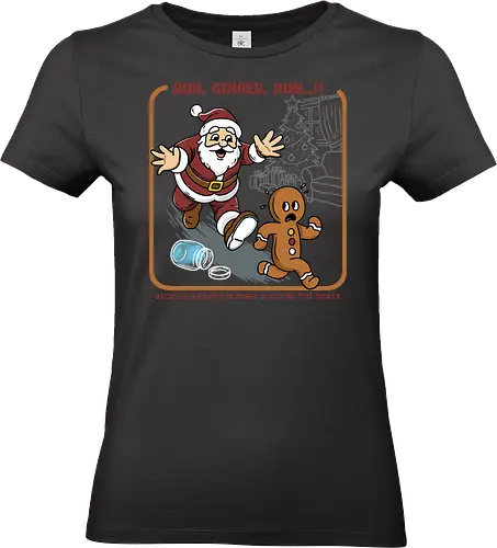 Run, Ginger, Run..!! - gingerbread, funny christmas, christmas humor, santa chase, cookie escape, holiday snack, retro holiday design, holiday comedy, xmas illustration, cute horror, gingerbread run, Retro Christmas, vintage Christmas - Standard T-Shirt (Frauen)