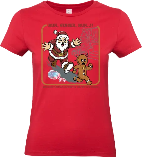 Run, Ginger, Run..!! - gingerbread, funny christmas, christmas humor, santa chase, cookie escape, holiday snack, retro holiday design, holiday comedy, xmas illustration, cute horror, gingerbread run, Retro Christmas, vintage Christmas - Standard T-Shirt (Frauen)