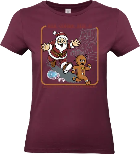 Run, Ginger, Run..!! - gingerbread, funny christmas, christmas humor, santa chase, cookie escape, holiday snack, retro holiday design, holiday comedy, xmas illustration, cute horror, gingerbread run, Retro Christmas, vintage Christmas - Standard T-Shirt (Frauen)