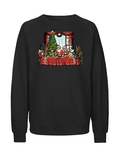 Last Christmas Supper - last supper, christian, christmas, davinci, dinner, elf, faith, gingerbread man, krampus, nutcracker, reindeer, religious, renaissance, santa claus, snowman - Fairtrade Sweatshirt