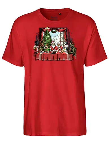 Last Christmas Supper - last supper, christian, christmas, davinci, dinner, elf, faith, gingerbread man, krampus, nutcracker, reindeer, religious, renaissance, santa claus, snowman - Fairtrade T-Shirt