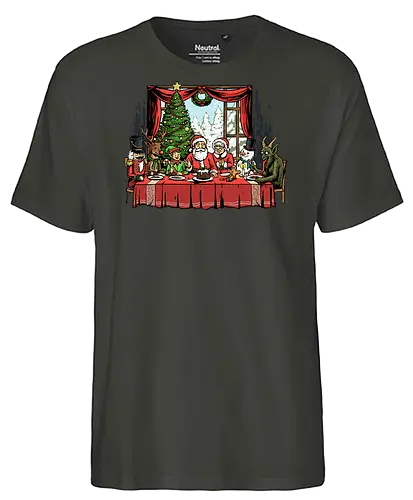 Last Christmas Supper - last supper, christian, christmas, davinci, dinner, elf, faith, gingerbread man, krampus, nutcracker, reindeer, religious, renaissance, santa claus, snowman - Fairtrade T-Shirt