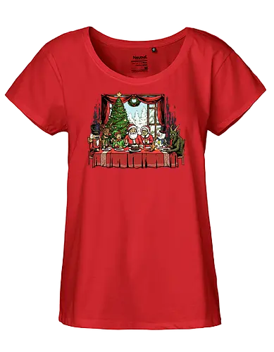 Last Christmas Supper - last supper, christian, christmas, davinci, dinner, elf, faith, gingerbread man, krampus, nutcracker, reindeer, religious, renaissance, santa claus, snowman - Fairtrade Girl Shirt
