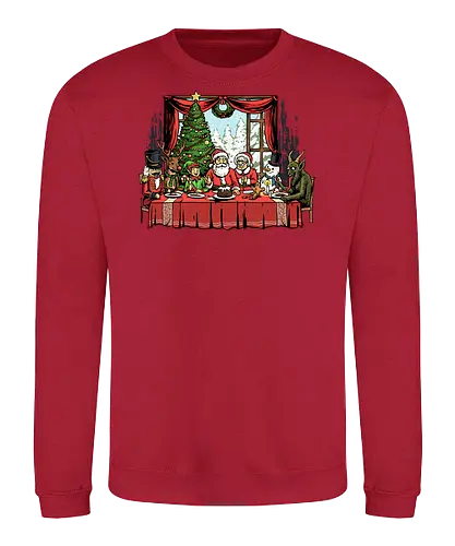 Last Christmas Supper - last supper, christian, christmas, davinci, dinner, elf, faith, gingerbread man, krampus, nutcracker, reindeer, religious, renaissance, santa claus, snowman - Sweatshirt