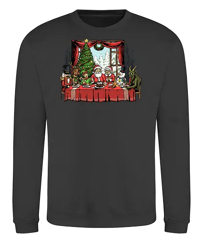 Last Christmas Supper - last supper, christian, christmas, davinci, dinner, elf, faith, gingerbread man, krampus, nutcracker, reindeer, religious, renaissance, santa claus, snowman - Sweatshirt