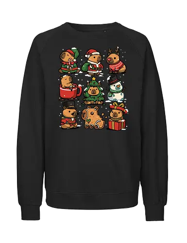 Christmas Capybaras - christmas capybara, animal, cappy, capy, capybara, christmas, elf, funny capybara, merry christmas, nutcracker, reindeer, rodent, santa claus, snowman, xmas - Fairtrade Sweatshirt