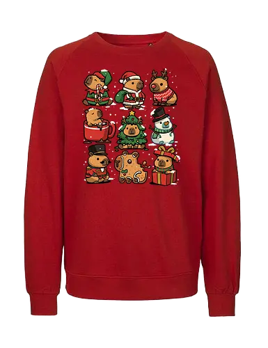 Christmas Capybaras - christmas capybara, animal, cappy, capy, capybara, christmas, elf, funny capybara, merry christmas, nutcracker, reindeer, rodent, santa claus, snowman, xmas - Fairtrade Sweatshirt