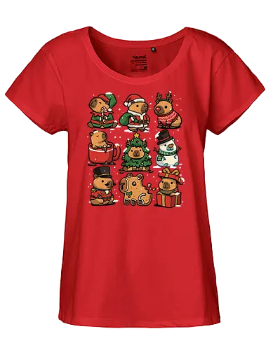 Christmas Capybaras - christmas capybara, animal, cappy, capy, capybara, christmas, elf, funny capybara, merry christmas, nutcracker, reindeer, rodent, santa claus, snowman, xmas - Fairtrade Girl Shirt