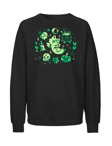 Green Halloween Vibes - Katze, Halloween, geflügelte Katze, grüne Katze, cat, winged cat, green cat, green, spooky, spirit, spiritual, moon, witch, cauldron, cosmic cat - Fairtrade Sweatshirt