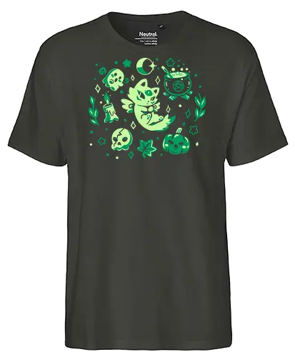 Green Halloween Vibes - Katze, Halloween, geflügelte Katze, grüne Katze, cat, winged cat, green cat, green, spooky, spirit, spiritual, moon, witch, cauldron, cosmic cat - Fairtrade T-Shirt