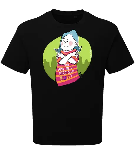 Ich mag mein Stadtbild bunt! - Ringelpullisprüche, Ringeldinger, streifenweise, Spruch, Weisheit, Motivation, Ringelpulli, SprücheShirt, Cartoon Illustration, Statement, Stadtbild, Handgezeichnet, Humor, Selbstironie, Streifenpulli, Spruchshirt, deutsch - Oversize T-Shirt