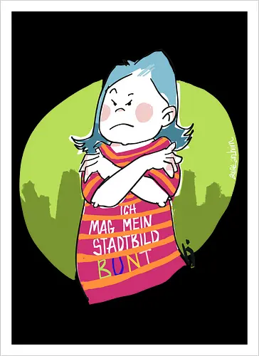 Ich mag mein Stadtbild bunt! - Ringelpullisprüche, Ringeldinger, streifenweise, Spruch, Weisheit, Motivation, Ringelpulli, SprücheShirt, Cartoon Illustration, Statement, Stadtbild, Handgezeichnet, Humor, Selbstironie, Streifenpulli, Spruchshirt, deutsch - Kunstdruck