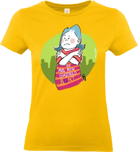 Ich mag mein Stadtbild bunt! - Ringelpullisprüche, Ringeldinger, streifenweise, Spruch, Weisheit, Motivation, Ringelpulli, SprücheShirt, Cartoon Illustration, Statement, Stadtbild, Handgezeichnet, Humor, Selbstironie, Streifenpulli, Spruchshirt, deutsch - Standard T-Shirt (Frauen)