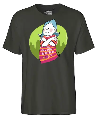 Ich mag mein Stadtbild bunt! - Ringelpullisprüche, Ringeldinger, streifenweise, Spruch, Weisheit, Motivation, Ringelpulli, SprücheShirt, Cartoon Illustration, Statement, Stadtbild, Handgezeichnet, Humor, Selbstironie, Streifenpulli, Spruchshirt, deutsch - Fairtrade T-Shirt