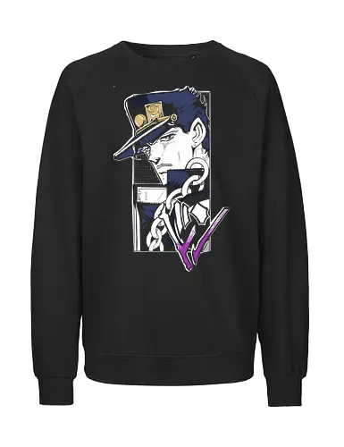 Jotaro Kujo: Star Platinum's Power - Jotaro Kujo, JoJo's Bizarre Adventure, JJBA, Stardust Crusaders, anime, manga, fan art, t-shirt design, art print, Star Platinum, Ora Ora, cool anime art, geek art, stylized, iconic. - Fairtrade Sweatshirt