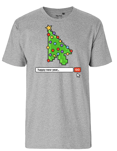  Searching for a Happy New Year - Happy New Year, Christmas cursor, pixel art, retro gaming, Christmas tree, holiday tech, nerdy holiday, 8-bit, gamer gift, t-shirt design, art print, minimalist, unique Christmas, web developer, nostalgic. - Fairtrade T-Shirt