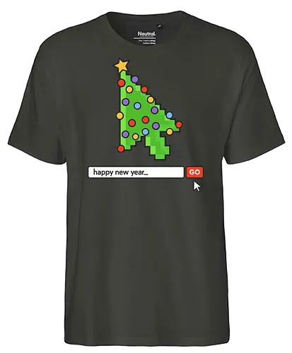  Searching for a Happy New Year - Happy New Year, Christmas cursor, pixel art, retro gaming, Christmas tree, holiday tech, nerdy holiday, 8-bit, gamer gift, t-shirt design, art print, minimalist, unique Christmas, web developer, nostalgic. - Fairtrade T-Shirt