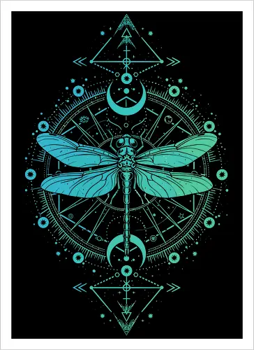Green Dragonfly - green, dragonfly, insect, moon, mystic, mystical, occult, star, lm2kone, moon phases, aethestic, illustration - Kunstdruck