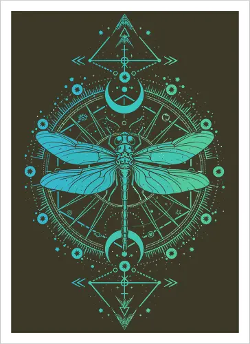 Green Dragonfly - green, dragonfly, insect, moon, mystic, mystical, occult, star, lm2kone, moon phases, aethestic, illustration - Kunstdruck