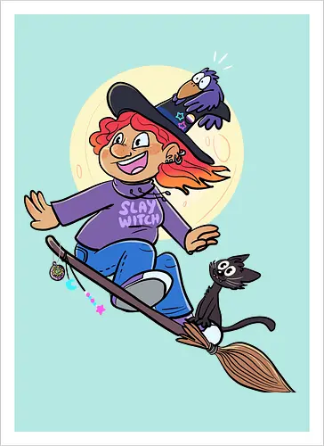 Hexe auf Besen (ohne Background) - Hexe, witch, Halloween - Kunstdruck