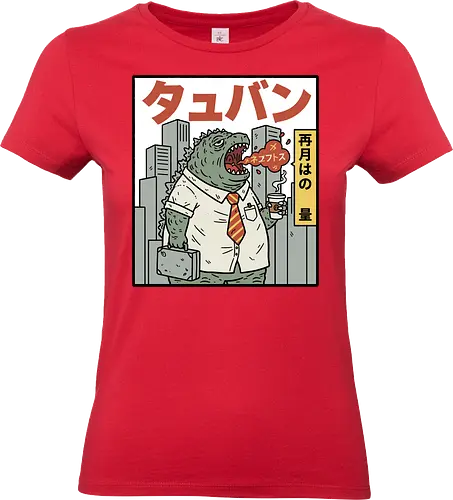 Kaiju Commuter Grumbles - Godzilla commute, office worker, funny Godzilla, corporate monster, kaiju humor, ironic, t-shirt design, art print, Japanese graphic, cool monster, anti-work, meme art, pop culture, salaryman. - Standard T-Shirt (Frauen)