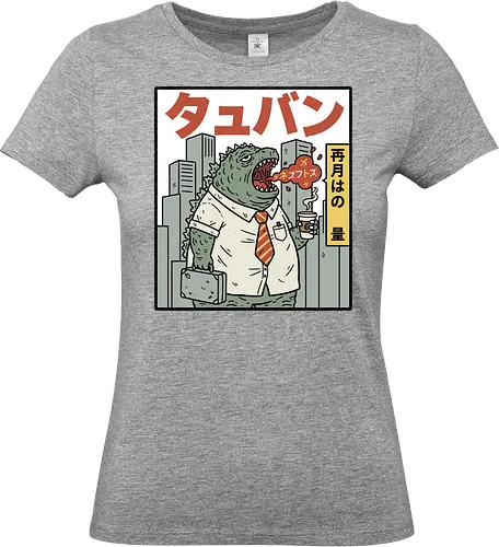 Kaiju Commuter Grumbles - Godzilla commute, office worker, funny Godzilla, corporate monster, kaiju humor, ironic, t-shirt design, art print, Japanese graphic, cool monster, anti-work, meme art, pop culture, salaryman. - Standard T-Shirt (Frauen)