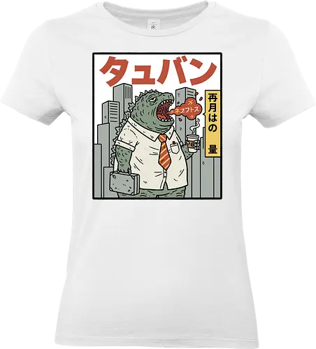 Kaiju Commuter Grumbles - Godzilla commute, office worker, funny Godzilla, corporate monster, kaiju humor, ironic, t-shirt design, art print, Japanese graphic, cool monster, anti-work, meme art, pop culture, salaryman. - Standard T-Shirt (Frauen)