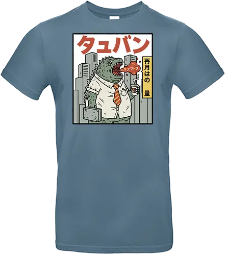 Kaiju Commuter Grumbles - Godzilla commute, office worker, funny Godzilla, corporate monster, kaiju humor, ironic, t-shirt design, art print, Japanese graphic, cool monster, anti-work, meme art, pop culture, salaryman. - Standard T-Shirt