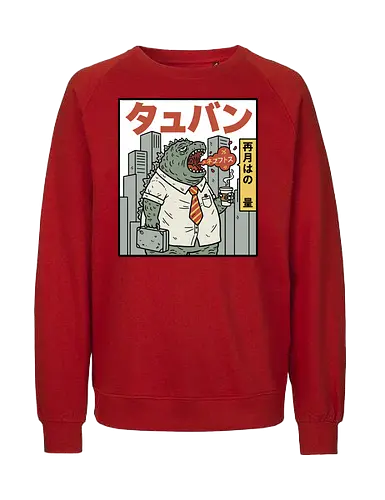 Kaiju Commuter Grumbles - Godzilla commute, office worker, funny Godzilla, corporate monster, kaiju humor, ironic, t-shirt design, art print, Japanese graphic, cool monster, anti-work, meme art, pop culture, salaryman. - Fairtrade Sweatshirt