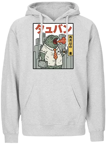 Kaiju Commuter Grumbles - Godzilla commute, office worker, funny Godzilla, corporate monster, kaiju humor, ironic, t-shirt design, art print, Japanese graphic, cool monster, anti-work, meme art, pop culture, salaryman. - Fairtrade Hoodie