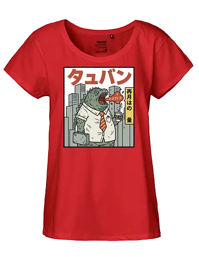 Kaiju Commuter Grumbles - Godzilla commute, office worker, funny Godzilla, corporate monster, kaiju humor, ironic, t-shirt design, art print, Japanese graphic, cool monster, anti-work, meme art, pop culture, salaryman. - Fairtrade Girl Shirt