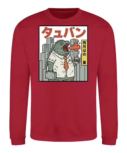 Kaiju Commuter Grumbles - Godzilla commute, office worker, funny Godzilla, corporate monster, kaiju humor, ironic, t-shirt design, art print, Japanese graphic, cool monster, anti-work, meme art, pop culture, salaryman. - Sweatshirt