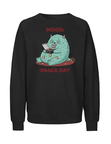 Mood: Snack Day Monster - Mood Snack Day, funny monster, cute monster, donuts, comfort food, foodie humor, lazy day, cartoon monster, t-shirt design, art print, sarcastic, quirky humor, pastry lover, cheat day. - Fairtrade Sweatshirt