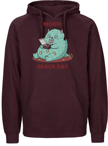 Mood: Snack Day Monster - Mood Snack Day, funny monster, cute monster, donuts, comfort food, foodie humor, lazy day, cartoon monster, t-shirt design, art print, sarcastic, quirky humor, pastry lover, cheat day. - Fairtrade Hoodie