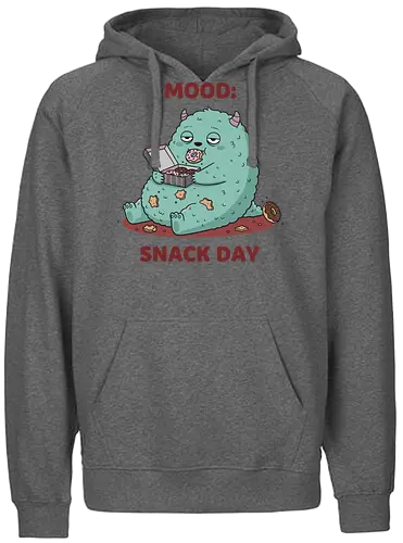 Mood: Snack Day Monster - Mood Snack Day, funny monster, cute monster, donuts, comfort food, foodie humor, lazy day, cartoon monster, t-shirt design, art print, sarcastic, quirky humor, pastry lover, cheat day. - Fairtrade Hoodie
