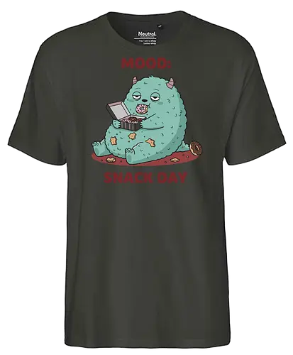 Mood: Snack Day Monster - Mood Snack Day, funny monster, cute monster, donuts, comfort food, foodie humor, lazy day, cartoon monster, t-shirt design, art print, sarcastic, quirky humor, pastry lover, cheat day. - Fairtrade T-Shirt