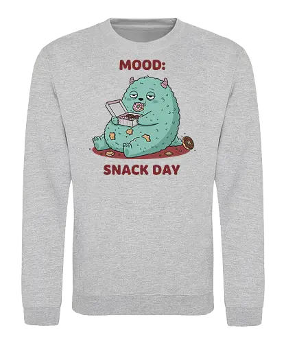 Mood: Snack Day Monster - Mood Snack Day, funny monster, cute monster, donuts, comfort food, foodie humor, lazy day, cartoon monster, t-shirt design, art print, sarcastic, quirky humor, pastry lover, cheat day. - Sweatshirt