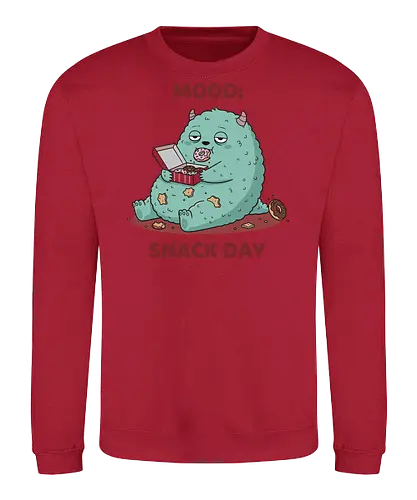 Mood: Snack Day Monster - Mood Snack Day, funny monster, cute monster, donuts, comfort food, foodie humor, lazy day, cartoon monster, t-shirt design, art print, sarcastic, quirky humor, pastry lover, cheat day. - Sweatshirt