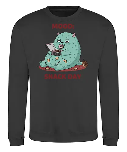 Mood: Snack Day Monster - Mood Snack Day, funny monster, cute monster, donuts, comfort food, foodie humor, lazy day, cartoon monster, t-shirt design, art print, sarcastic, quirky humor, pastry lover, cheat day. - Sweatshirt