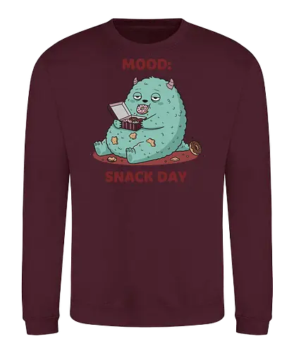 Mood: Snack Day Monster - Mood Snack Day, funny monster, cute monster, donuts, comfort food, foodie humor, lazy day, cartoon monster, t-shirt design, art print, sarcastic, quirky humor, pastry lover, cheat day. - Sweatshirt