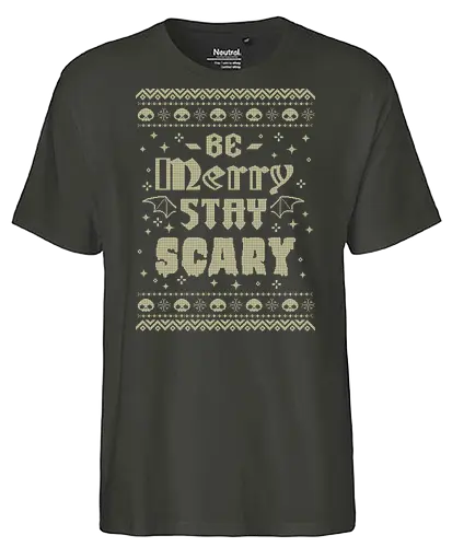 Be Merry Stay Scary Ugly Sweater - be merry stay scary, spooky, creepy, horror, scary, goth, ugly sweater, xmas, christmas, dark, skull, halloween, festive, knitted, xmorfina - Fairtrade T-Shirt