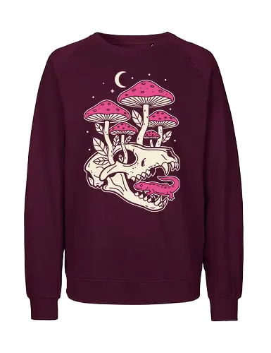 Mushroom Skull Growth - Mushroom skull, macabre cottagecore, gothic nature, Amanita muscaria, pink mushroom, lizard, animal skull, dark academia, fantasy art, t-shirt design, art print, whimsical, spooky cute, unique graphic, toadstool - Fairtrade Sweatshirt