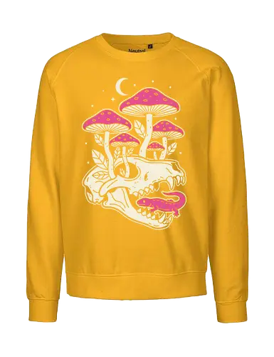 Mushroom Skull Growth - Mushroom skull, macabre cottagecore, gothic nature, Amanita muscaria, pink mushroom, lizard, animal skull, dark academia, fantasy art, t-shirt design, art print, whimsical, spooky cute, unique graphic, toadstool - Fairtrade Sweatshirt