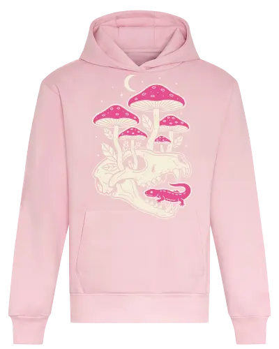 Mushroom Skull Growth - Mushroom skull, macabre cottagecore, gothic nature, Amanita muscaria, pink mushroom, lizard, animal skull, dark academia, fantasy art, t-shirt design, art print, whimsical, spooky cute, unique graphic, toadstool - Heavyweight Hoodie