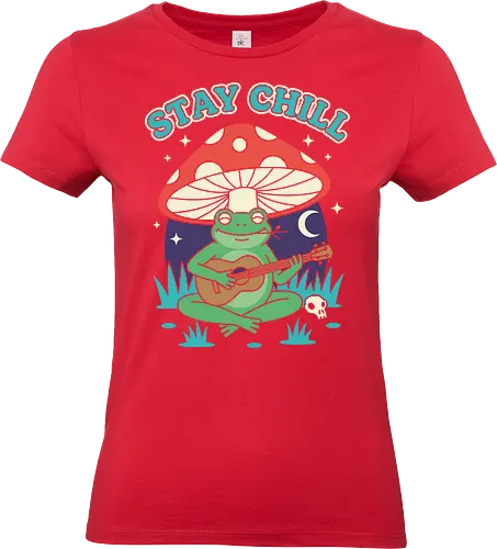 Stay Chill Frog Troubadour - Stay Chill, chill frog, frog playing ukulele, cottagecore, whimsical, retro art, mushroom frog, Amanita Muscaria, nature art, t-shirt design, art print, groovy, cool frog, animal musician, quirky humor - Standard T-Shirt (Frauen)