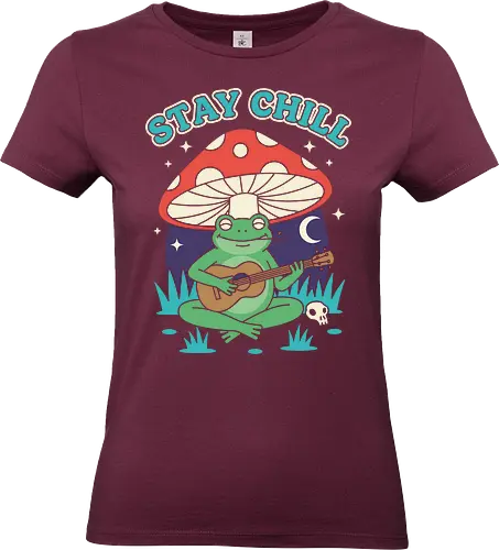 Stay Chill Frog Troubadour - Stay Chill, chill frog, frog playing ukulele, cottagecore, whimsical, retro art, mushroom frog, Amanita Muscaria, nature art, t-shirt design, art print, groovy, cool frog, animal musician, quirky humor - Standard T-Shirt (Frauen)