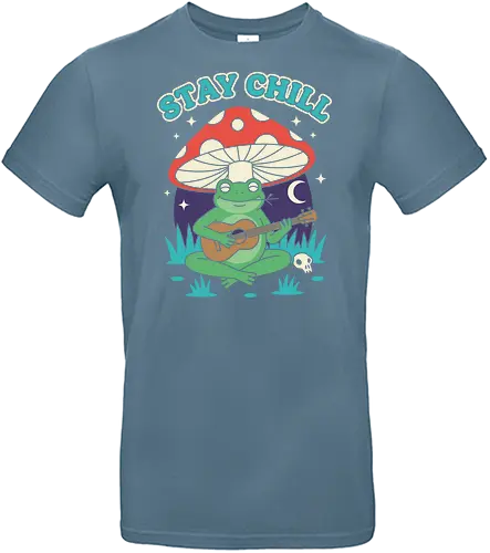 Stay Chill Frog Troubadour - Stay Chill, chill frog, frog playing ukulele, cottagecore, whimsical, retro art, mushroom frog, Amanita Muscaria, nature art, t-shirt design, art print, groovy, cool frog, animal musician, quirky humor - Standard T-Shirt